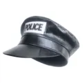 Black PU leather police hat costume cosplay prop with POLICE patch for anime events and parties - One Size / Black