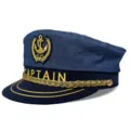 Gorra de capitán de la marina con detalle de bordado de ancla dorada y letras. - Adulto 58cm Ajustable / Gorro de capitán de tela vaquera