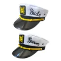 Conjunto de gorras de capitán novios, sombrero de marinero blanco de algodón con bordado. - Set de pareja / Blanco