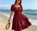 Women Square Neck Short Puff Sleeve Smocked Waist Ruffled Hem A-Line Casual Beach Midi Dress - S / Burgundy