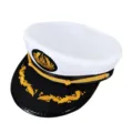 Gorra de capitán blanca con ala negra e insignia de bordado dorado para fiesta disfraz - Talla única para adultos (58 cm) / Blanco