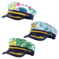 Tropical floral print captain hat, gold embroidered navy sailor cap for party and beachwear. - White Green Leaves Pink Set