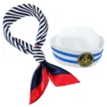 Matrosenhut und gestreiftes Tuch Set fuer Kapitaen Cosplay Party und maritime Kostuem Verkleidung. - Set mit gestreiftem viereckigem Halstuch und rundem Anker