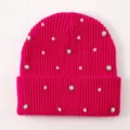 Hot pink knit beanie hat with pearl rhinestone details winter warm knit cap for women - One Size / Rose Red