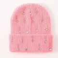 Rosa Strickmütze mit funkelnden Strass-Tropfen, warme Winter Umschlagmütze für Damen - Einheitsgröße / Rosa