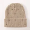 Beige rhinestone embellished knitted beanie hat winter warm pull-on cap for women - Khaki