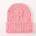Rosa Strickmütze für Damen, verziert mit Perlen und Strasssteinen für warme Wintertage. - Einheitsgröße / Rosa