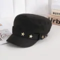 Casquette militaire noire lavée vintage avec des étoiles dorées, chapeau plat style décontracté. - Réglable / Noir