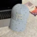 Detailed view of the light blue floral baseball cap featuring chic embroidered text. - One Size / Light Blue