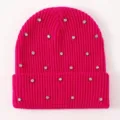 Rhinestone embellished hot pink knit beanie detail, sparkly crystal decorated winter wool hat close-up - Rose Red