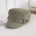 Casquette militaire vintage pour femme homme, chapeau plat usé avec étoiles en métal, vert. - Réglable / Gris