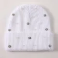 Weißer Strickmütze für Damen Winter warm Perle Strass verziert Bündchen Mütze neu - Einheitsgröße / Weiß
