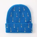 Blue ribbed knit beanie hat with sparkling rhinestone teardrop details warm winter cuffed cap - One Size / Blue