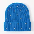 Women's rhinestone knitted beanie hat, blue cuffed winter warm wool pullover cap detail. - Blue