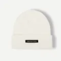 White knit beanie hat with woven label, stylish winter warm casual cap for women men - One Size / White
