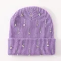 Purple rhinestone knitted beanie hat, winter warm cuffed wool pullover cap for women. - One Size / Purple