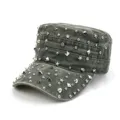 Punk stijl gewassen denim militaire pet met metalen klinknagels en sterren voor mode - Verstelbaar / Legergroen