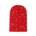 Red knit beanie hat with safety pins and rhinestones, warm winter fashion casual headwear - One Size / Red