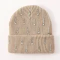 Beige knit beanie hat for women, winter warm cuffed pull-on cap with rhinestone drop details. - One Size / Khaki