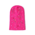 Hot pink knit beanie hat decorated with pearls rhinestones and safety pins detail view - One Size / Rose Red