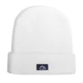 Close-up view of white knitted beanie hat with custom blue woven patch featuring mountain logo. - One Size / White