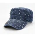 Denim platte militaire pet met zilveren metalen klinknagels en sterren voor heren. - Verstelbaar / Marineblauw