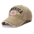 Vintage gewaschene Baseballkappe mit Amerika Stickerei, retro Sonnenschutz Dad Hat. - Verstellbar / Khaki