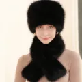 Detailed view of women winter black faux fur hat and scarf set, warm and fluffy. - Scarf & Hat 2-Piece Set / Black