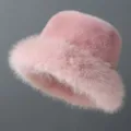 Pink fluffy bucket hat winter warm plush faux fur hat for women fashion stylish cap - Adjustable / Pink
