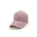 Detail shot of the pink cotton baseball cap featuring embroidered letter R and curved brim. - Adjustable / Dusky Pink