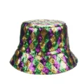 Detailed view of the colorful sequin bucket hat featuring a festive harlequin pattern in vibrant tones. - Plaid