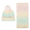 Gradient knit beanie and scarf set featuring soft wool blend and playful pom-pom detail. - Set / Pink Green Gradient