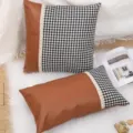 Detail shot of Nordic style leather and houndstooth patchwork throw pillow with lace trim. - 30*50cm (Pillowcase) / Style 4