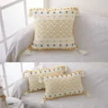 Boho geometric pattern cushion detail view, showing delicate woven texture and cute corner tassels. - 45x45cm (Pillowcase) / Diamond Woven Tassel Yellow
