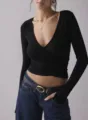Black wrap v-neck long sleeve slim top for women, chic crossover casual fitted tee detail. - S / Black
