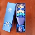 Romantic 9 heads soap rose flower bouquet gift box with cute twin teddy bears for Valentine Day. - Blue