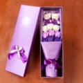 Romantic 9-head soap rose bouquet with cute couple teddy bears in a luxury purple gift box. - Purple