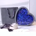 Heart shaped blue soap rose gift box set with elegant grey bag and ribbon for Valentine's Day. - 35x35x13.5cm / Blue