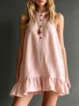 Close-up detail of sleeveless linen dress with stand collar and ruffled high-low hemline. - S / Pink
