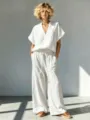 Conjunto casual de verano para mujer de camisa de lino con cuello en V y pantalón ancho - S / Blanco