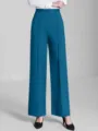 Women high waist wide leg casual pants elegant solid color spring summer trousers detail view. - Teal