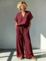 Mujer elegante conjunto dos piezas top cuello V manga corta pantalon ancho lino burdeos - S / Burdeos