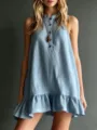 Sleeveless cotton linen dress detail, mandarin collar and ruffled hem close-up view. - S / Light Blue