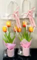 Teacher's day gift artificial tulip potted flower glowing bouquet with handbag packaging - With LED Lights / Orange Red