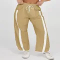 Losse kaki vrijetijdsbroek met witte zijstrepen en een comfortabele trekkoorden taille. - S / Khaki