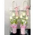 LED artificial tulip bouquet gift bag with pink pot for teachers day and parties. - With LED Lights / Off White