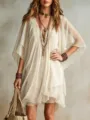 Women Summer V-Neck Chiffon Dress Beach Cover-Up Casual Loose Resort Flowy Midi Dress - S / Apricot