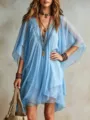 Summer casual V-neck chiffon beach dress loose vacation cover up for women light blue - S / Sky Blue