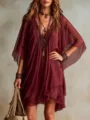Elegant burgundy V-neck chiffon beach dress, loose summer resort cover-up for women. - S / Burgundy