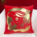 Detailed close-up of the festive red and gold Chinese New Year rabbit plush throw pillow cover. - 45*45 cm Pillowcase (Insert Not Included) / Pattern No. 5